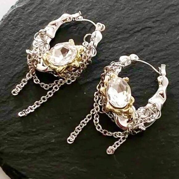 Earrings Two Tone Crumpled Molten Metal Silver Gold CZ NEW Unique S14 - Picture 1 of 5